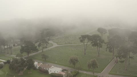 Aerial view of the rows of white headstones on the green grass of a graveyard under the clouds