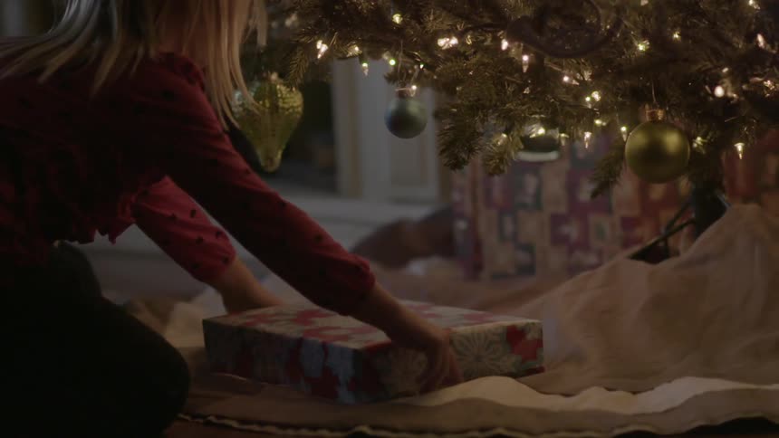 A child places a present under a christmas tree