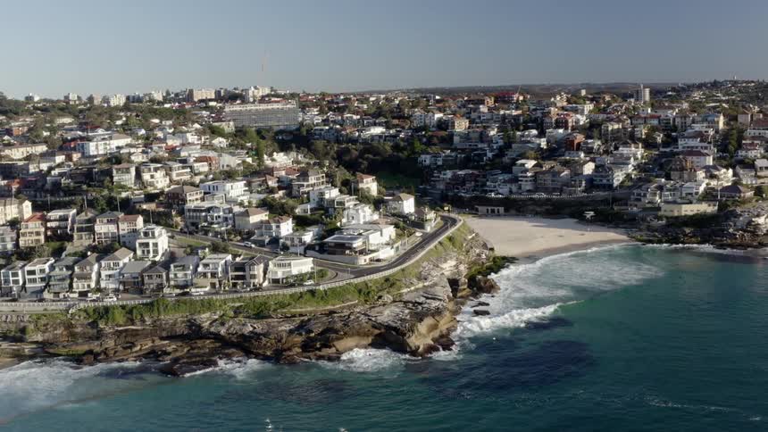 Aerial of a water front luxury neighborhood on the coast