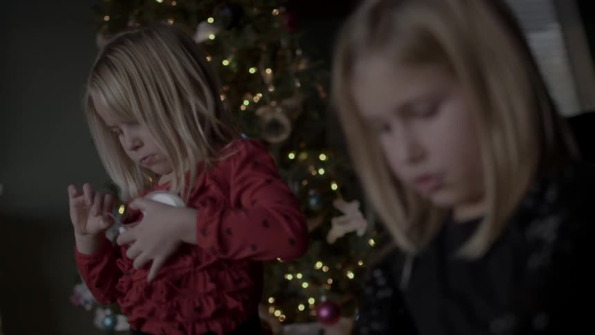 Two young blonde girls studying things in front of their christmas tree