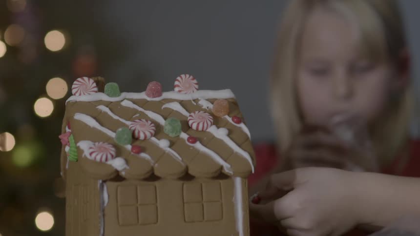 Little girls decorating a gingerbread house