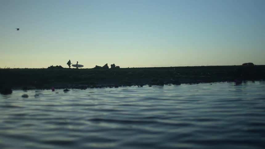 Two people walk on a beach in the distance next to water while a bird flies over head