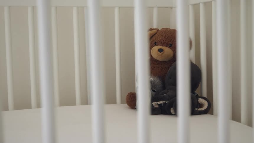 Stuffed animals sitting in corner of baby crib