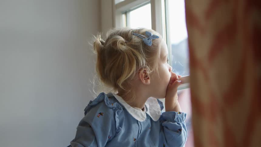 A blonde girl wearing a blue outfit and pigtails sits inside and looks out of a window