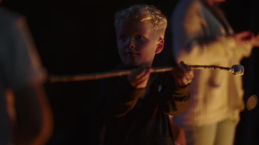 Blonde boy holds a stick with a marshmallow next to the campfire at night