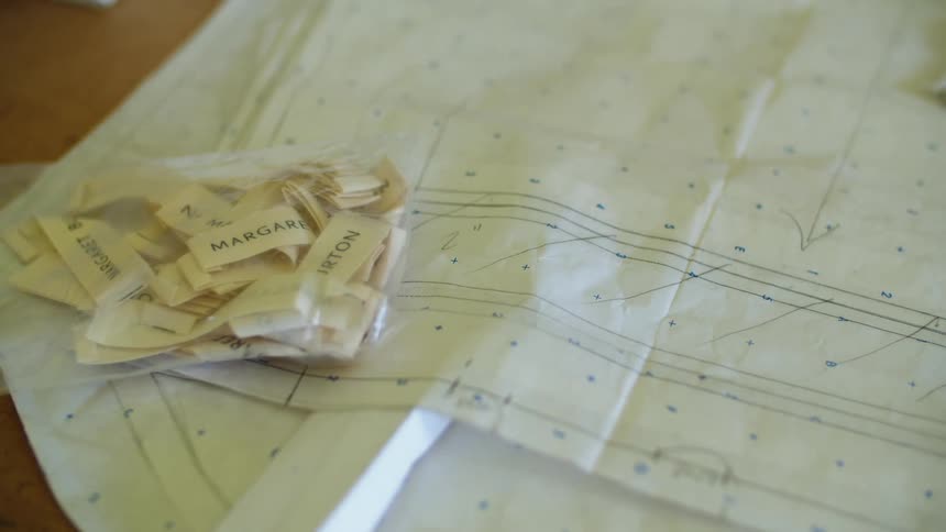 Clothing labels piled up over paper patterns on a table