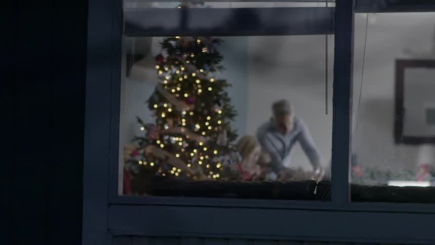 View of a man and a girl inside a home by a christmas tree