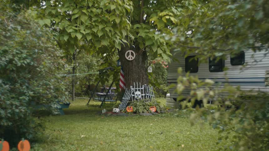 Halloween decorations outside a trailer in the daytime