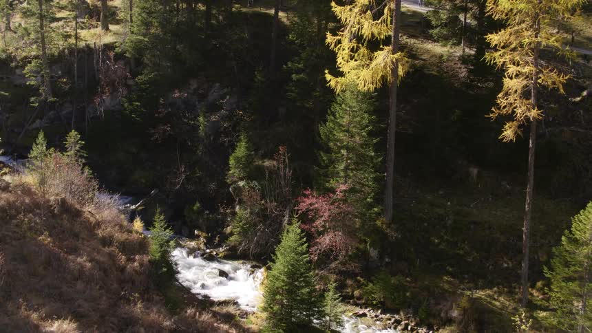 An aerial view of a stream running down a hill with trees and rocks around with full sunlight