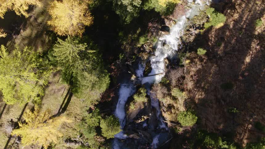 A narrow rocky stream running through a woodland on a sunny day