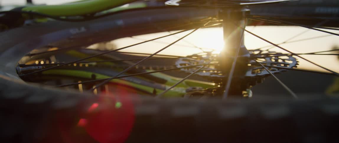 Sunlight shines and reflects off the frame of a mountain bike