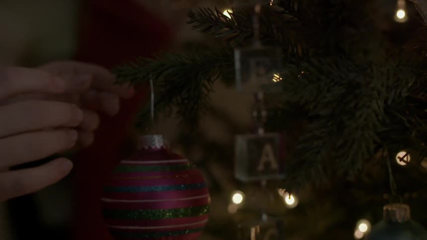 A person hangs an ornament on a tree