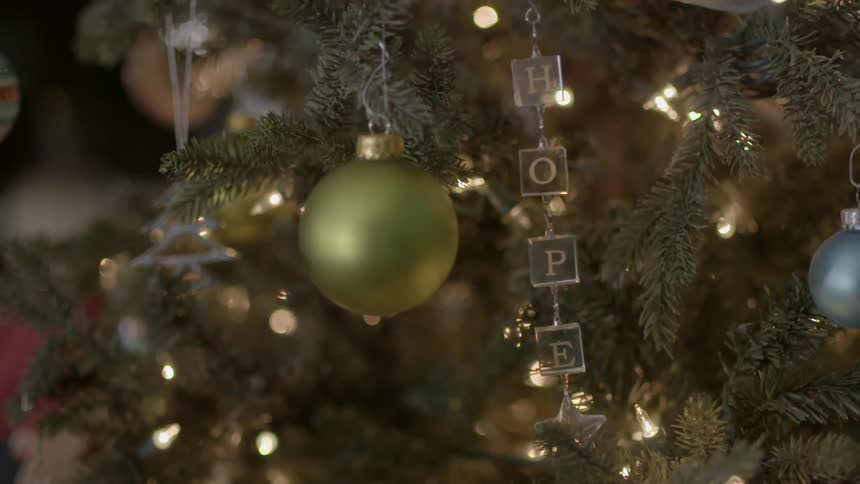 Ornaments and lights on a christmas tree