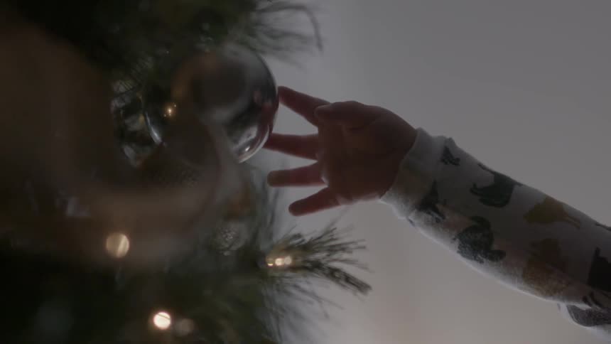 A child is touching an ornament on a tree