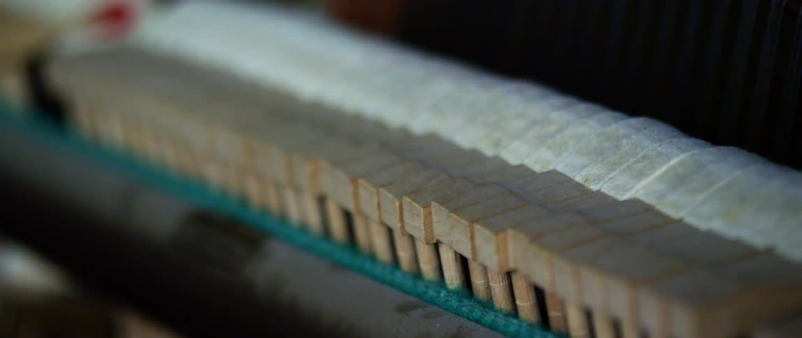 Wooden piano tuning pins with white tops moving up and down