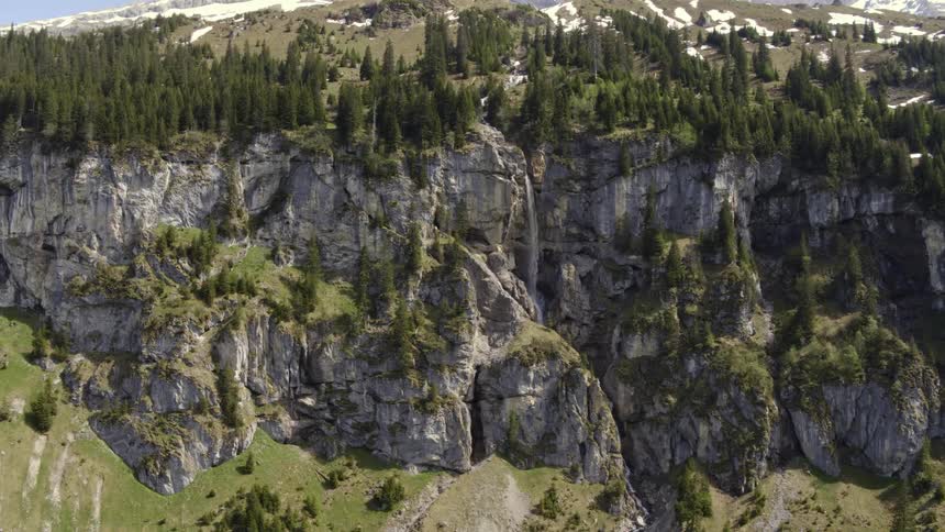 Mountain with a small stream of water pouring from a hole and pine trees lined along the edge