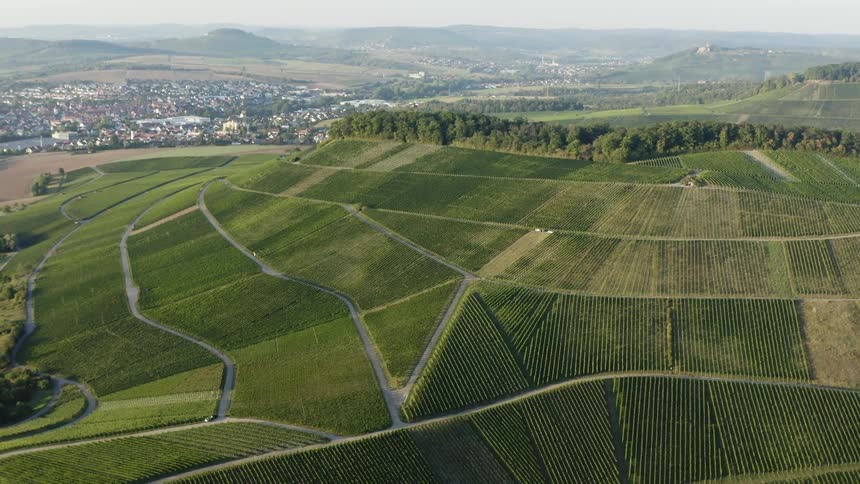 Aerial view of a crop field on the hill near a town at day