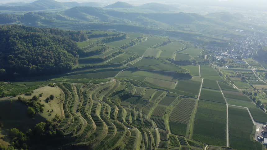 An aerial view of crop fields on a rural farm