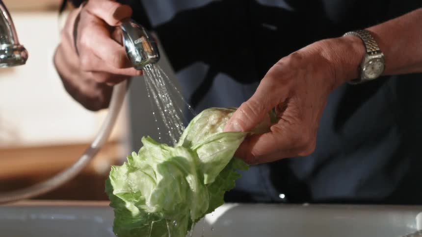 A man washing green lettuce in a kitchen sink