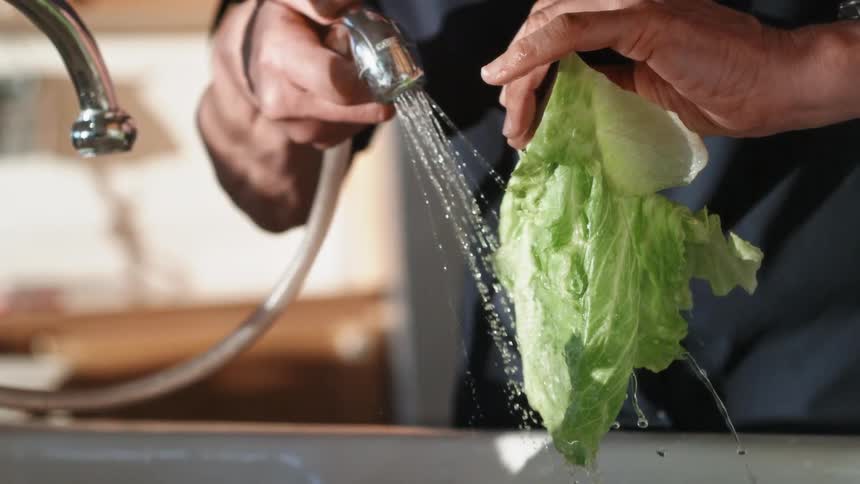 Man washing a piece of lettuce with a hose in a kitchen sink