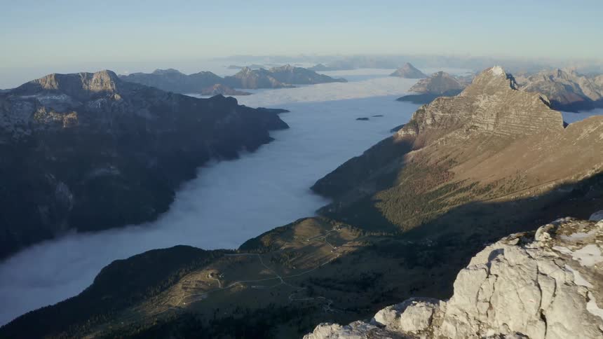 Aerial view of mountain ranges are displayed in winter