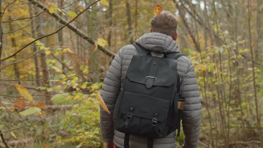 A man wearing a backpack walks through a forest during the day