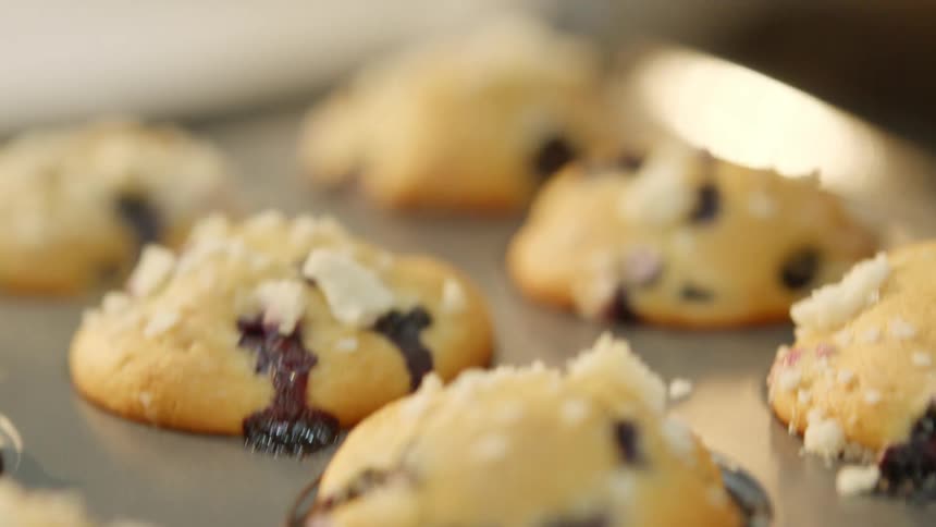 Blueberry muffins in a baking pan