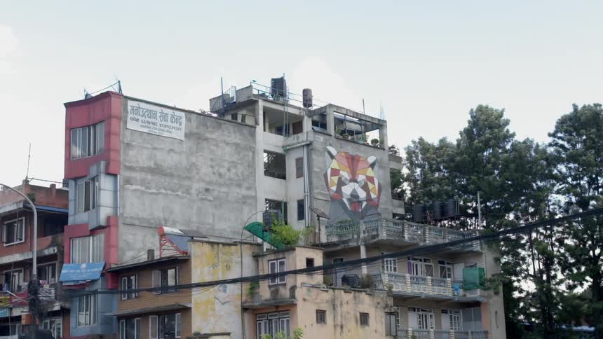 A red panda drawing is on the side of a building
