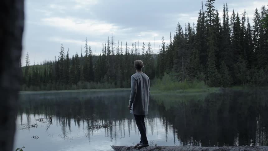 A woman stands near a lake overlooking a forest ahead