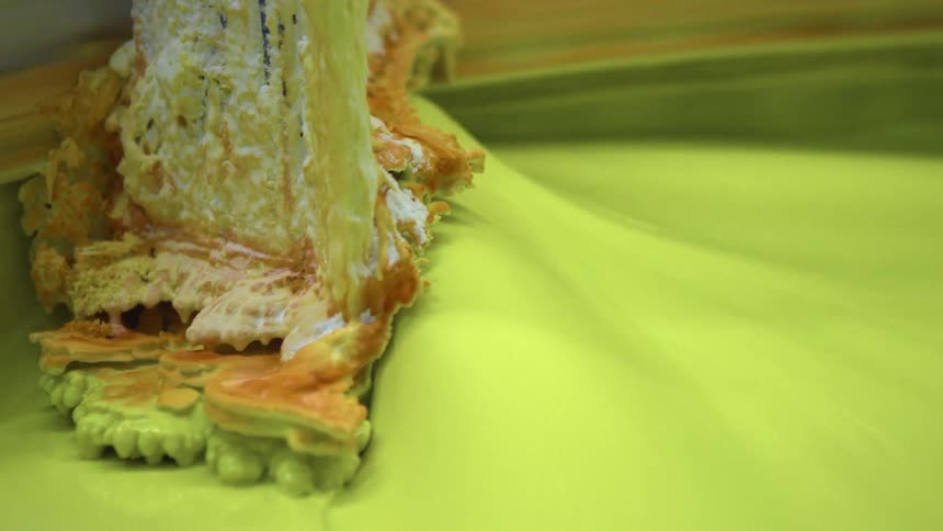 A green substance spinning around in a container with a food item