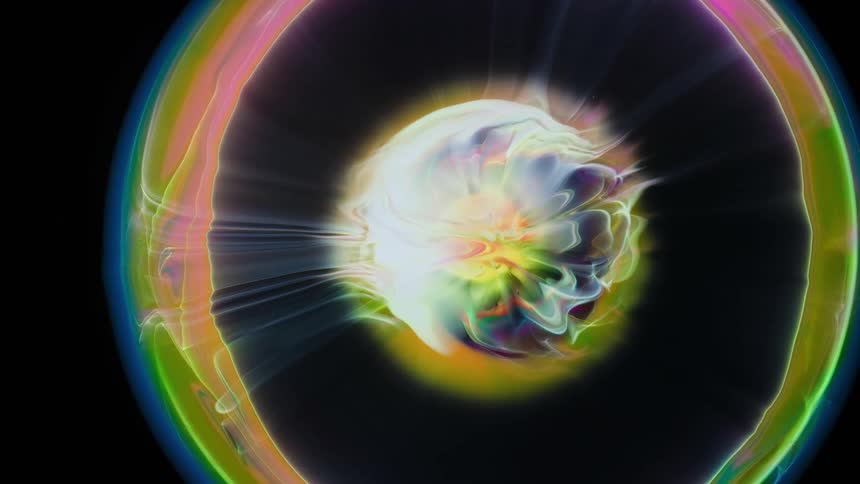 Psychedelic colorful blooming ink spreading in spherical shape