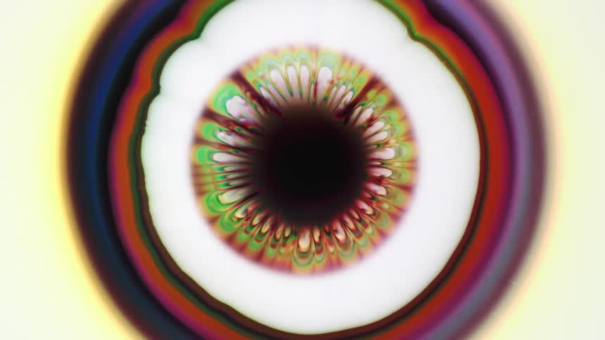 Spreading colorful red white green purple ink on a tank blossoming in circles