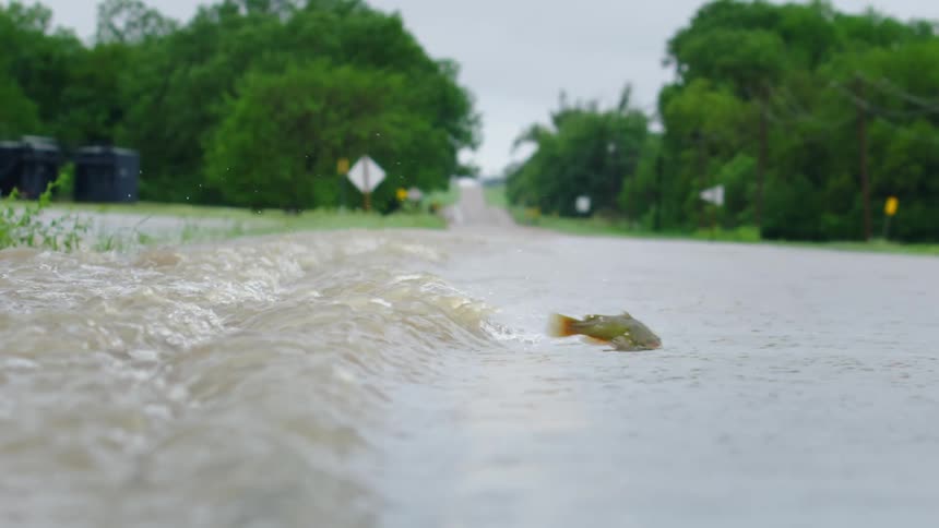 A flooded roadway during heavy spring rains is seen in the slow motion shot just before a fish leaps out of the water as it swims upstream across the flooded road