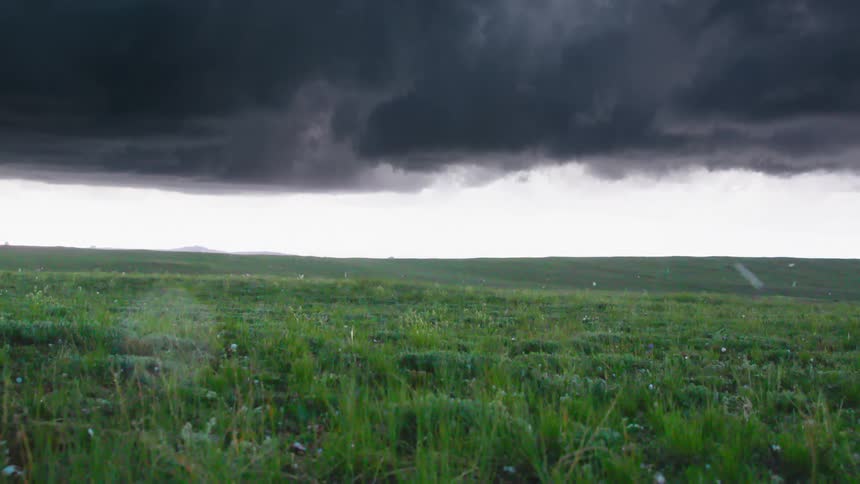 Large hail pounds down on rural grass land as dark thunderstorm clouds lower in the upper part of the frame showing the power and intensity of this hail producing thunderstorm