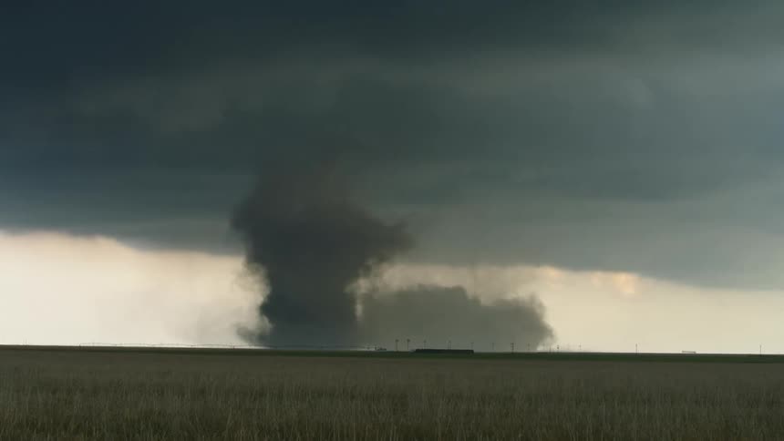 Time lapse of a tornado on the ground barreling towards camera as it churns and whips dust and debris high into the atmosphere