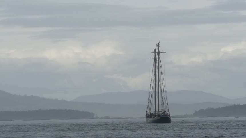 A boat is floating in the water with it's sail down