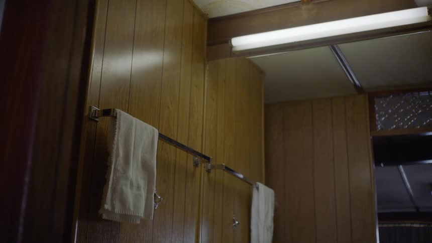 In a room beyond a woodpaneled bathroom lit by a single fluorescent light small shadows shift on the ceiling