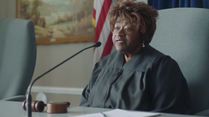 Female judge sits at table talking into mic with a gavel and paper on the table and a painting and the flag in the background