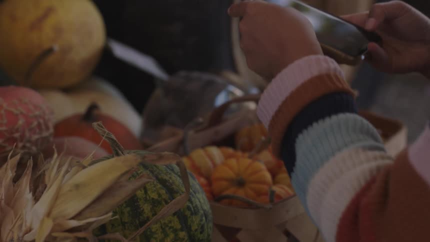 A woman photographing a basket of small pumpkins in autumn