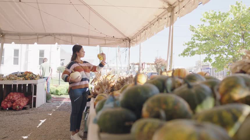 A woman shopping for pumpkins at an outdoor market on an autumn day
