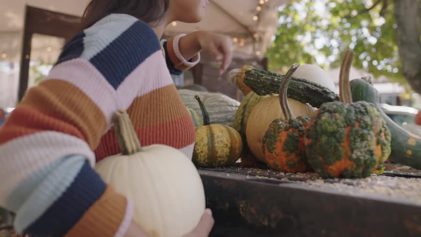 A woman in a striped sweater looking at pumpkins and squash at an outdoor market