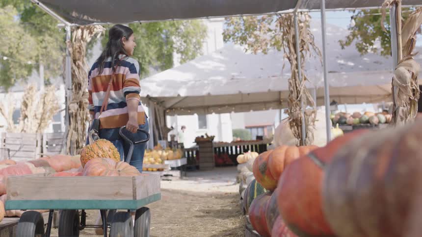 A woman smiles as she pulls a wagon full of pumpkins at a produce stand