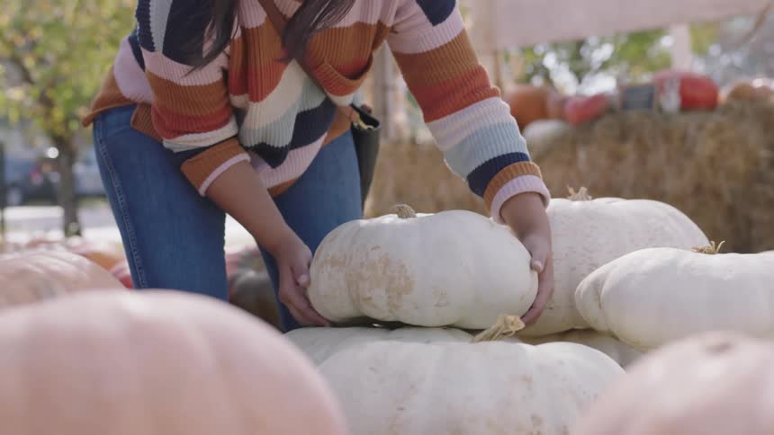 A woman looks at pumpkins at an outdoor market and moves one to another pile