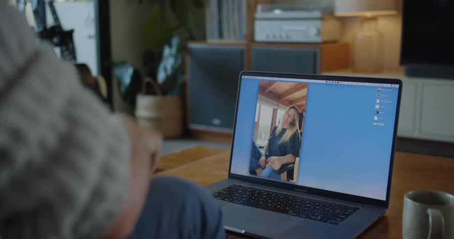 A person sitting down in a room video chatting on a laptop on a table