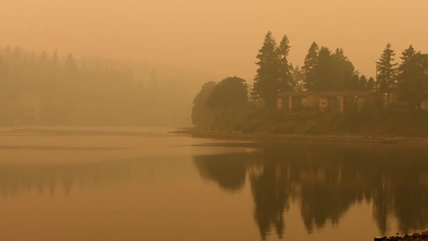 Amber tinted fog obscures forest and building on shore near lake reflecting trees