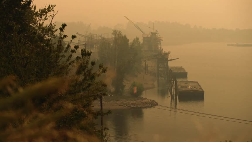 Industrial plant out in a forest at daytime next to a lake