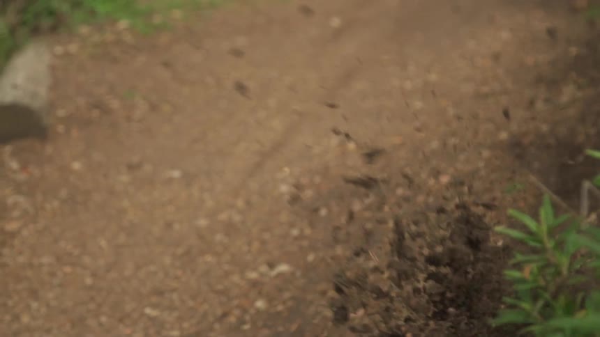 A mountain bike races across a dirt path