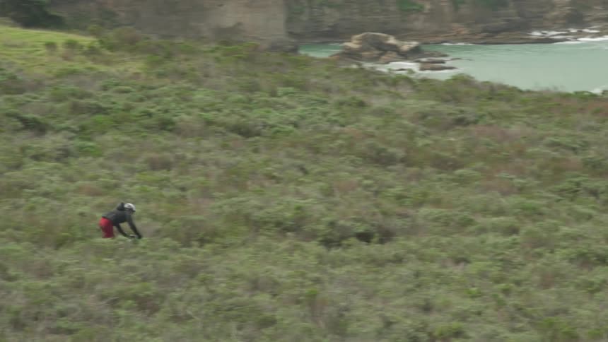 Cyclist rides a bicycle downhill on a dirt road next to the ocean
