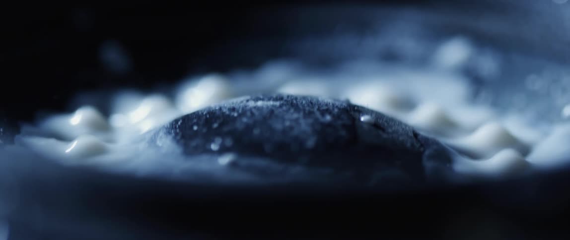 White thick liquid bubbles over the vibrating surface of a speaker