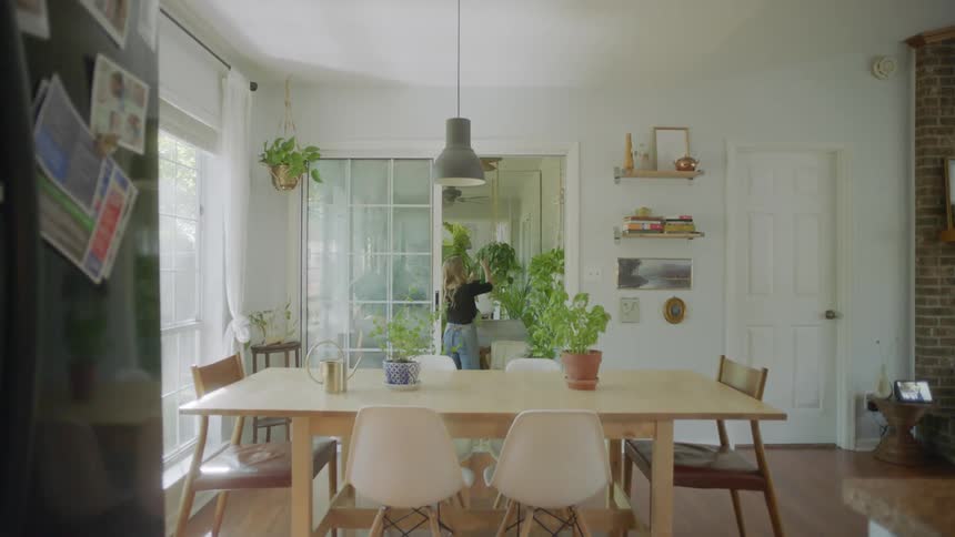 A woman sprays plants in her home in the dining room on a sunny day